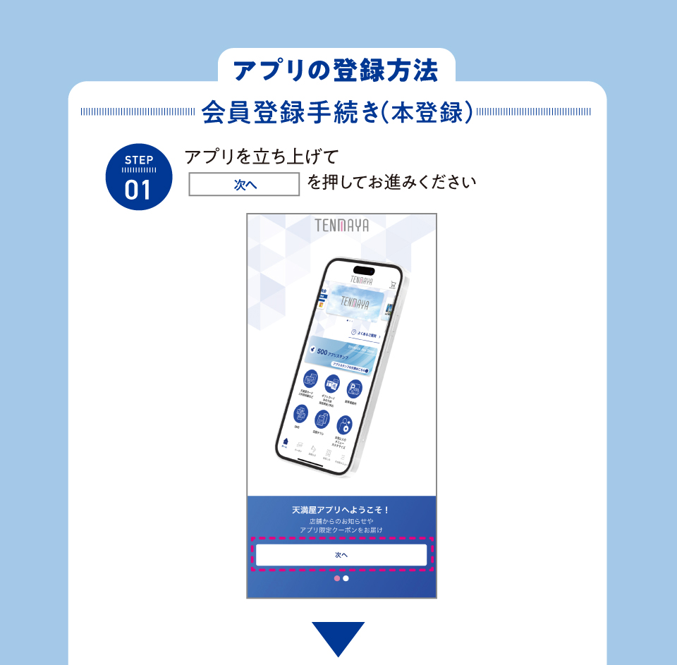 アプリの登録方法 会員登録手続き Step1：アプリ立ち上げ次へ
