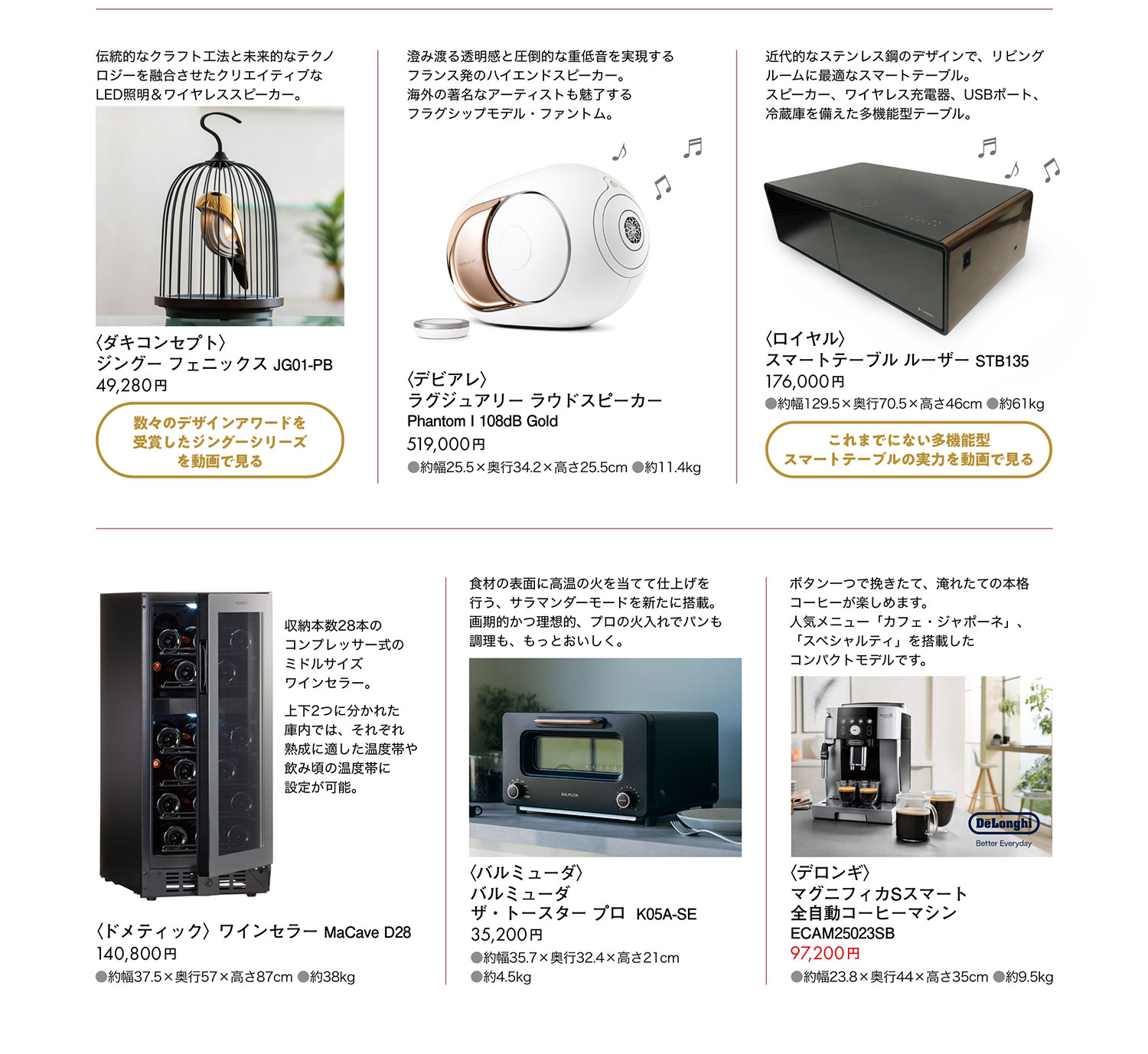 さまざまなアイテムを揃えました。バルミューダ、デロンギ、ドメティックのワインセラーなど。