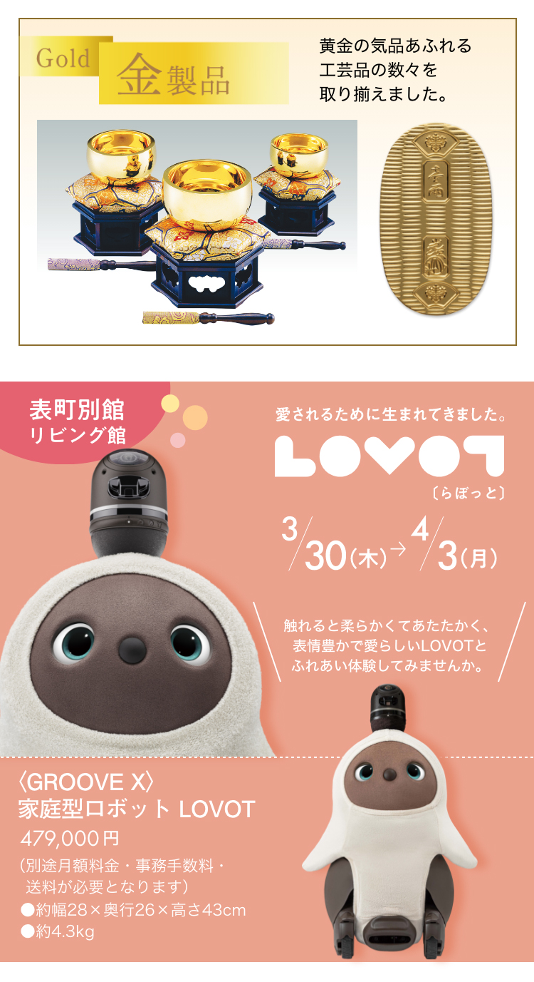 金製品もあります。表町別館リビング館でらぼっとと触れ合えます。
